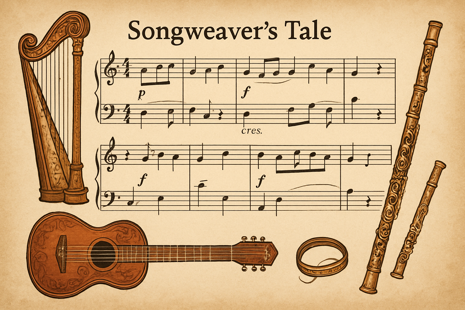 Sheet music and instruments inspired by Songweaver's Tale
