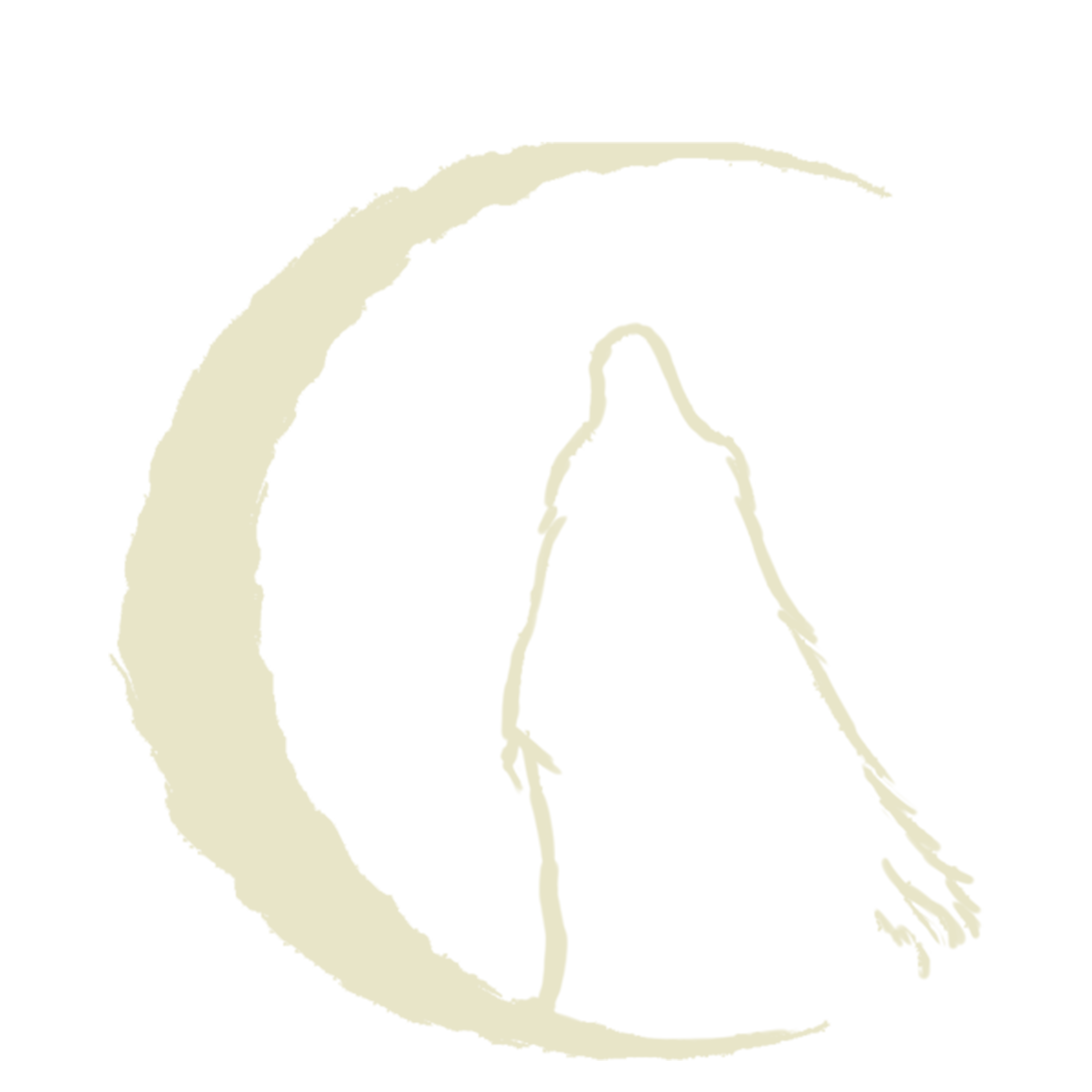 A shrouded figure stands on a crescent moon.