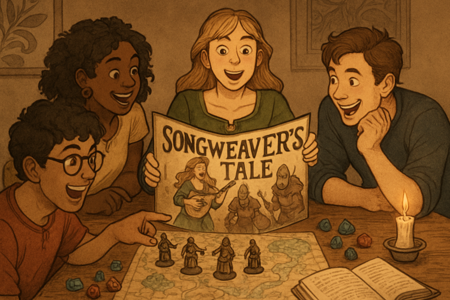 A group of friends playing a tabletop roleplaying game inspired by Songweaver's Tale.